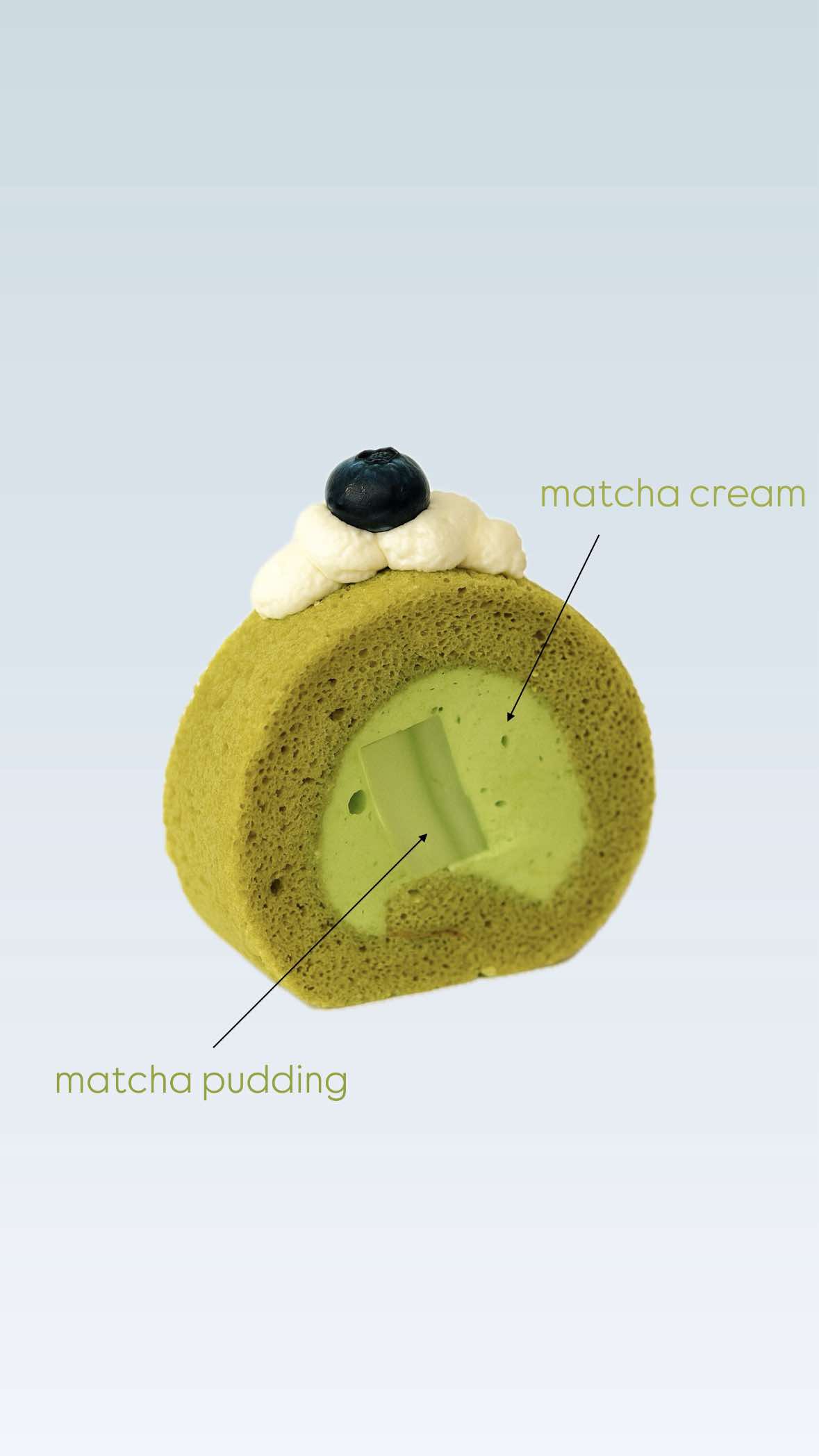 Matcha cream roll with matcha pudding filling
