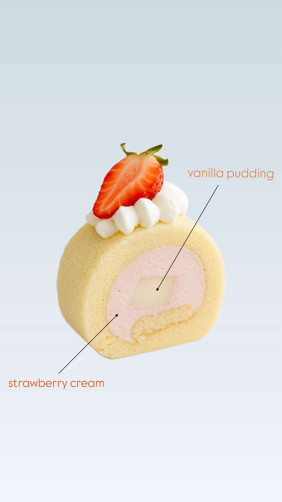 Strawberry cream roll with vanilla pudding filling